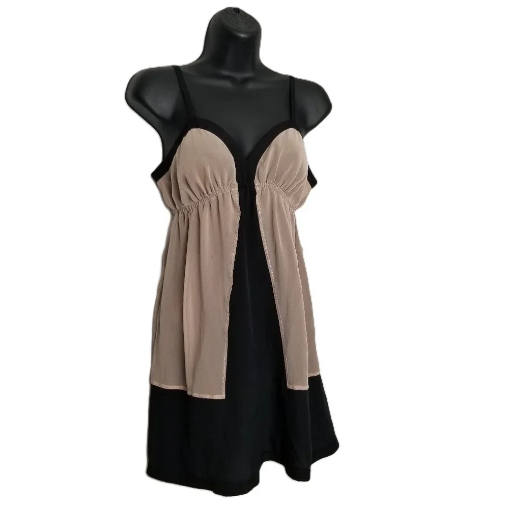 Silence and Noise Dress L Black Taupe Babydoll Empire Waist Y2K Indie
